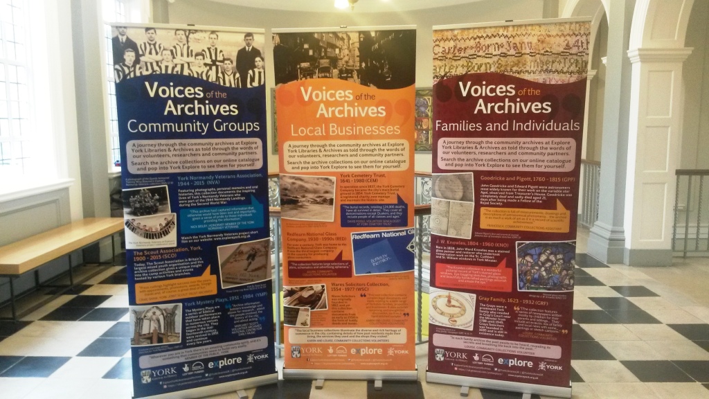 Voices of the Archives pop-up banners on the first floor landing at York Explore